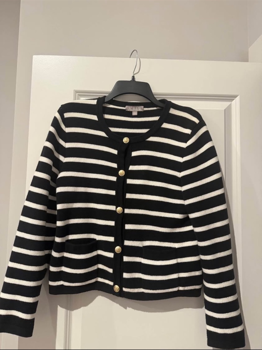 J. Crew Black & White Striped Knit Cardigan with Gold Buttons